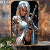 2D Flat, 1pc Vintage Woman with Sword Metal Tin Sign - 8x12 Inch Iron Wall Art, Fantasy Armor & Weapon Design