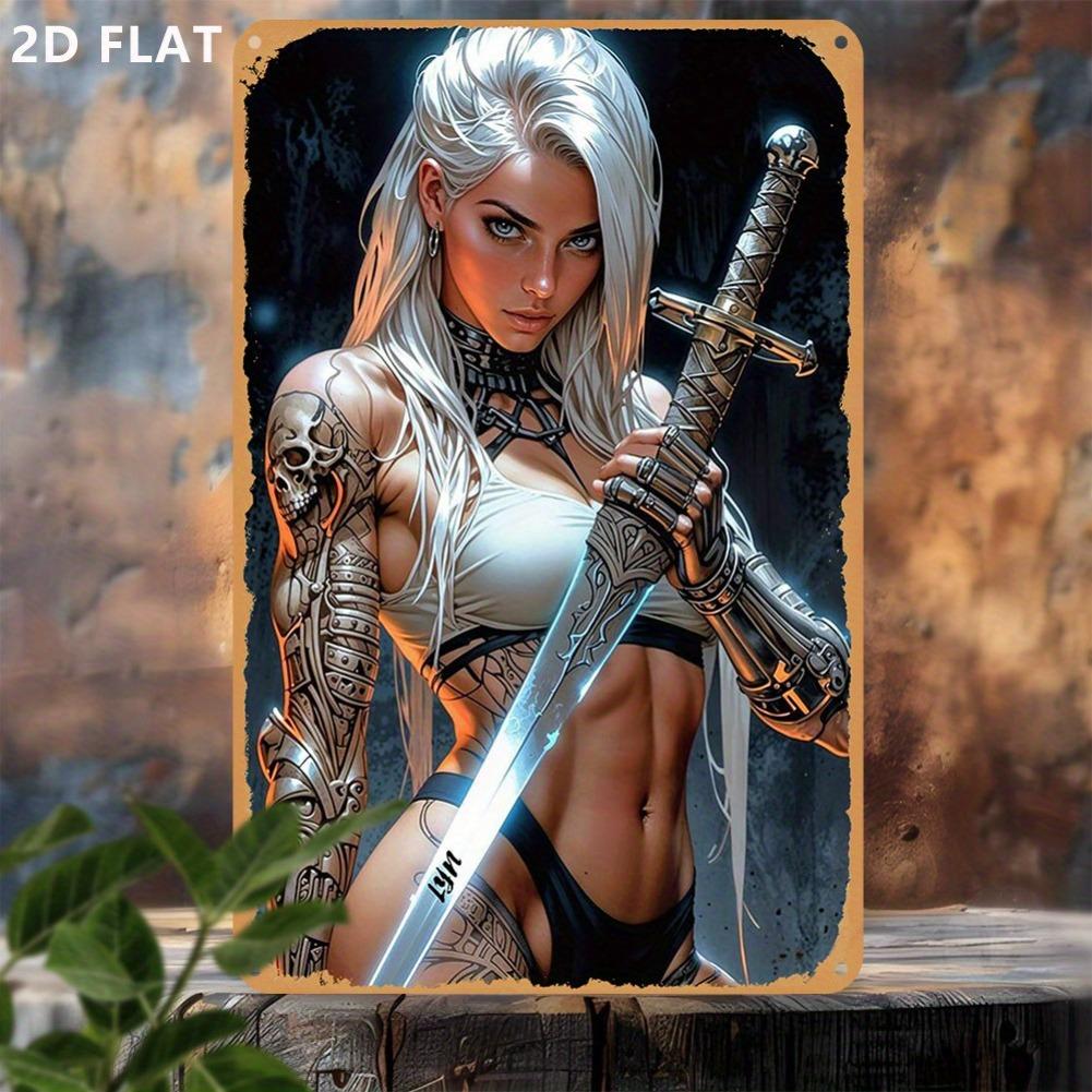 2D Flat, 1pc Vintage Woman with Sword Metal Tin Sign - 8x12 Inch Iron Wall Art, Fantasy Armor & Weapon Design