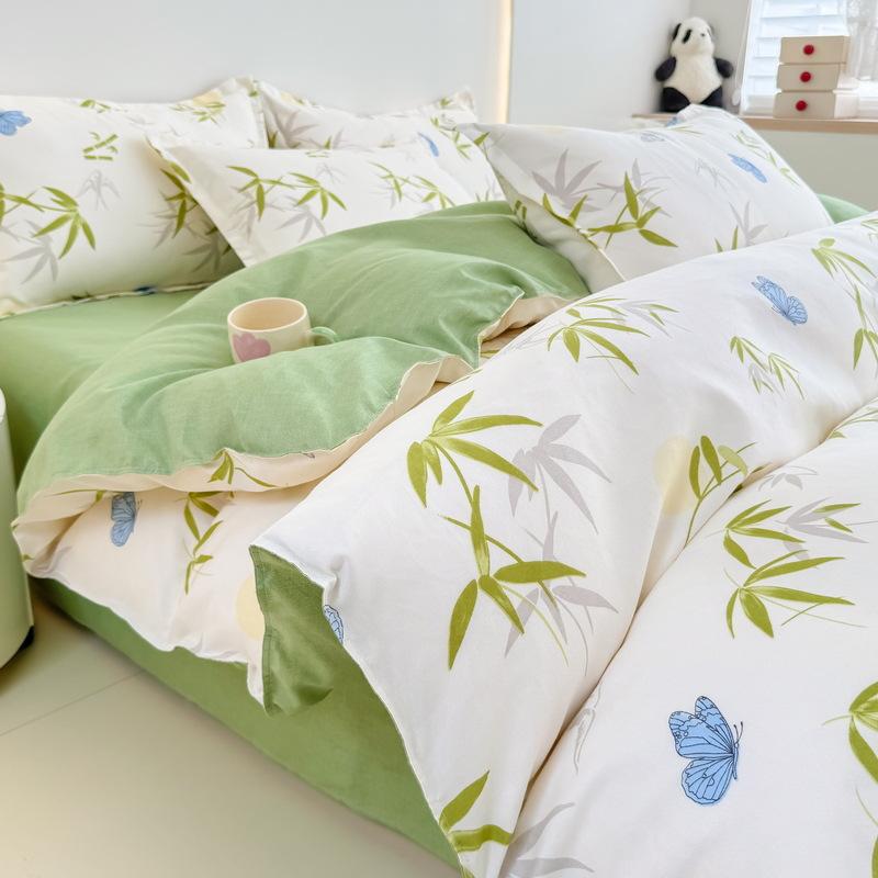 

Small fresh 4pcs set Class A maternal and infant grade pure cotton abraded dormitory 3pcs set skin-friendly sleeping naked bed sheet quilt cover Single quilt 150 * 200cm