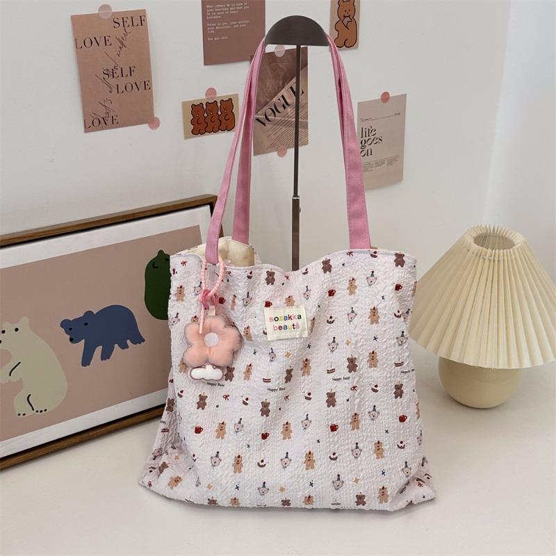

Cute and sweet printed puppy doublelayer canvas bag summer new largecapacity casual portable shoulder bag