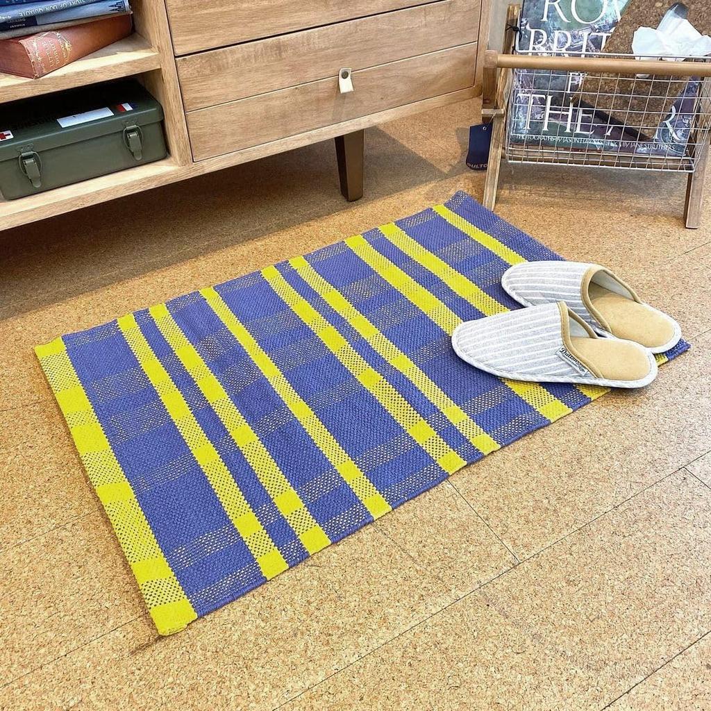 Dulton Cotton Handloom Mat 500 x 750mm Cotton Washable Handwoven Rug Checkered Pattern Machine Washable Blue/Yellow 100% RN-0497-75BY