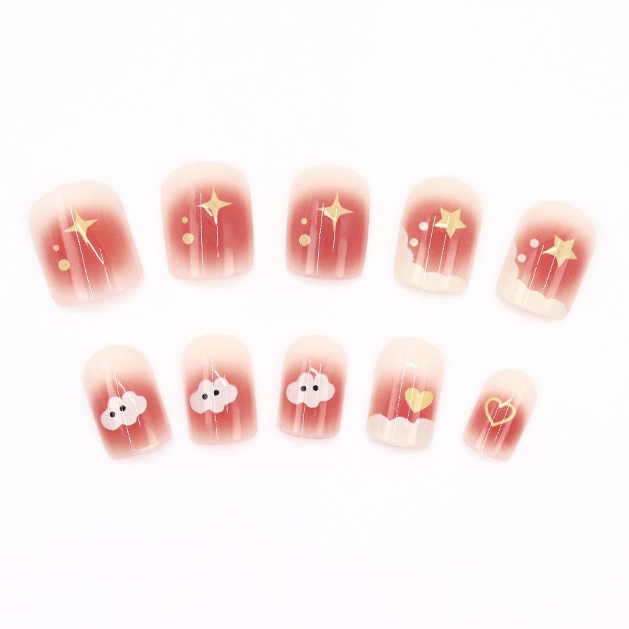24 Pieces Sweet and Cute  Square Nail Short Cloud Star Wearing Nail Royal Manicure Nail Sticker 24 Pieces