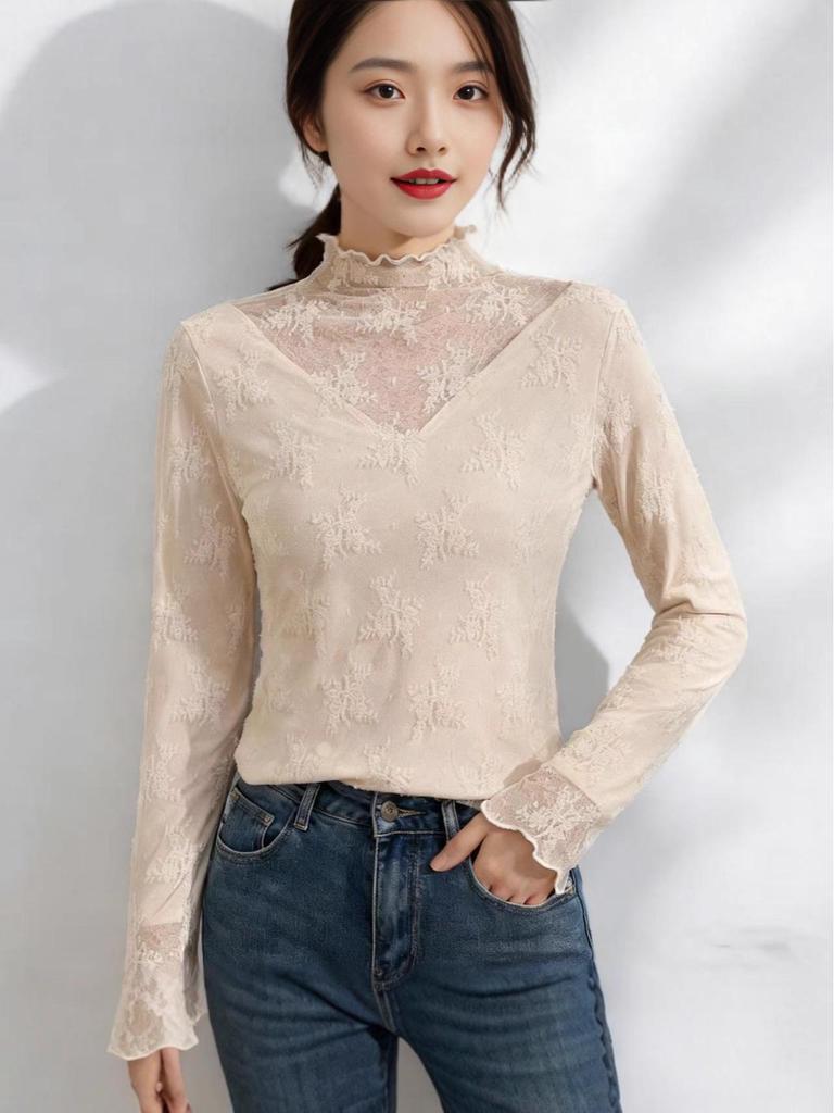 Women's High-End Lace Base Layer Top, Autumn/Winter, Velvet Warmth, Mesh Jacquard Collar, Slightly Sheer, Stylish Design