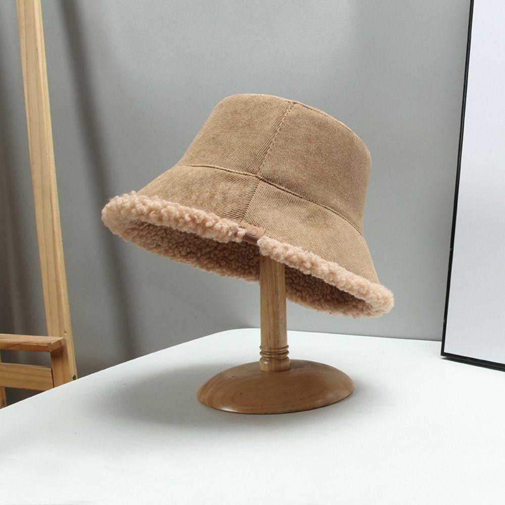 Casual Lamb Wool Bucket Hat Sun Protection Female Hats Winter Soft Plush Fishman Hat  Girl
