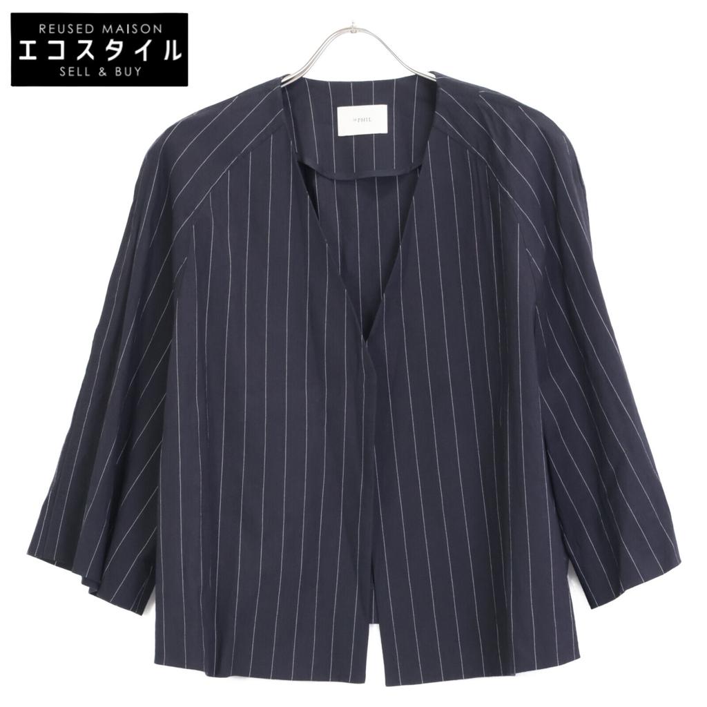 LE PHIL 534-9150500 Navy linen pinstripe collarless jacket Jacket 1 NavyUsed