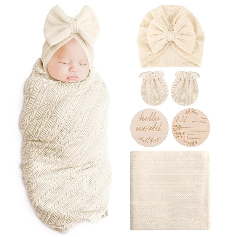 Newborn Receiving Blanket with Bow Hat Mittens Wooden Card Set Wheat-Pattern Newborns Toddler Baby Boy Girl Nursery Swaddle Wrap