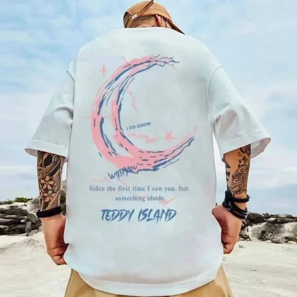 Neues 2025 Trendiges Herren Mond Stern Bedrucktes Kurzarm-Top Outdoor Stadt Europäisch und Amerikanisch High Street Atmungsaktives T-Shirt