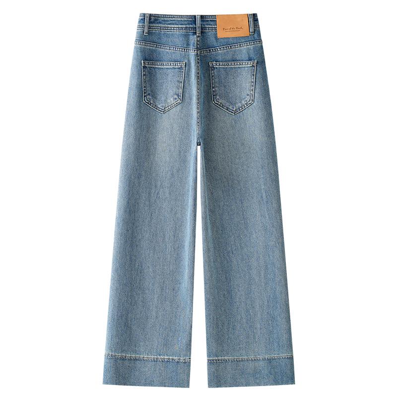 Women's Blue High-Waisted Loose Draping Denim Pants, 2025 Spring Straight-Leg Versatile Wide-Leg Design.