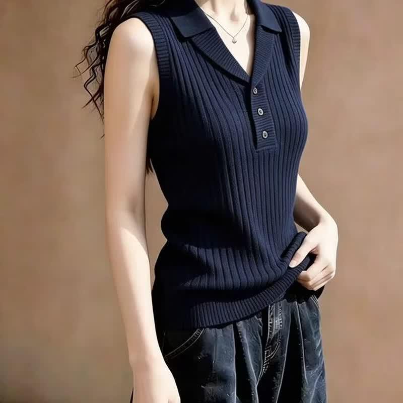 La Chapelle Women s Lapel Collar Sleeveless Knit Vest L