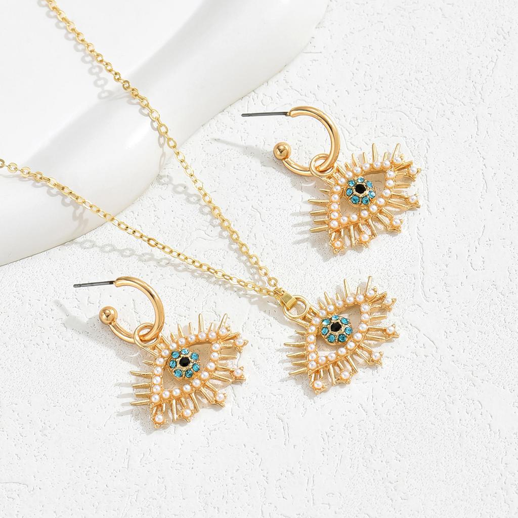 2025 new angel's eye hip-hop women's stud earrings necklace set with diamond design long collarbone chain