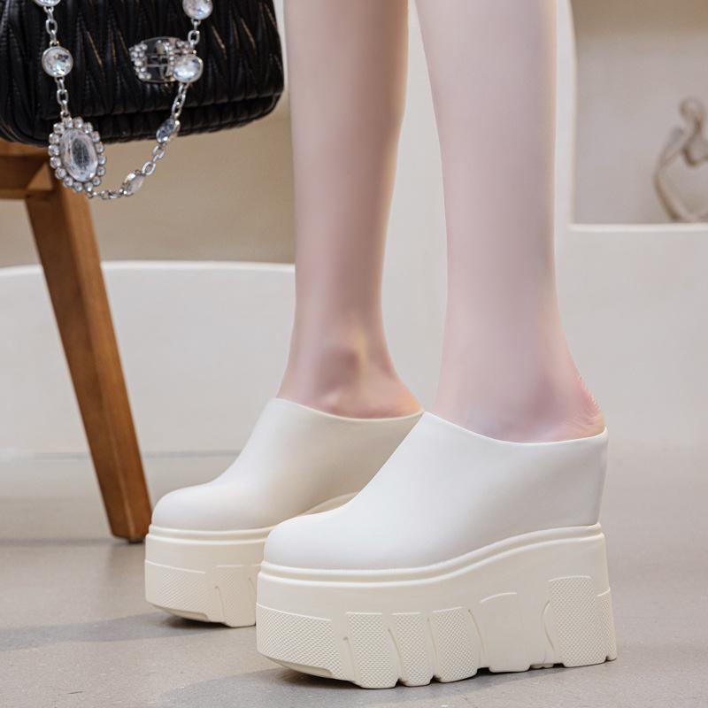 Fashion 14CM Ladies Summer Shoes Slip On Genuine Leather Fashion Women Wedge Slipper Platform Wedge Sandals Sandals