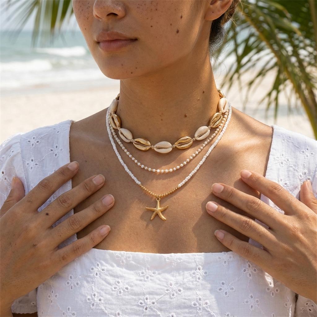 Bohemian Multilayer Starfish Shell Rice Beads Necklace for Women Handmade Summer Ocean Style Choker Girl Vacation Party Jewelry
