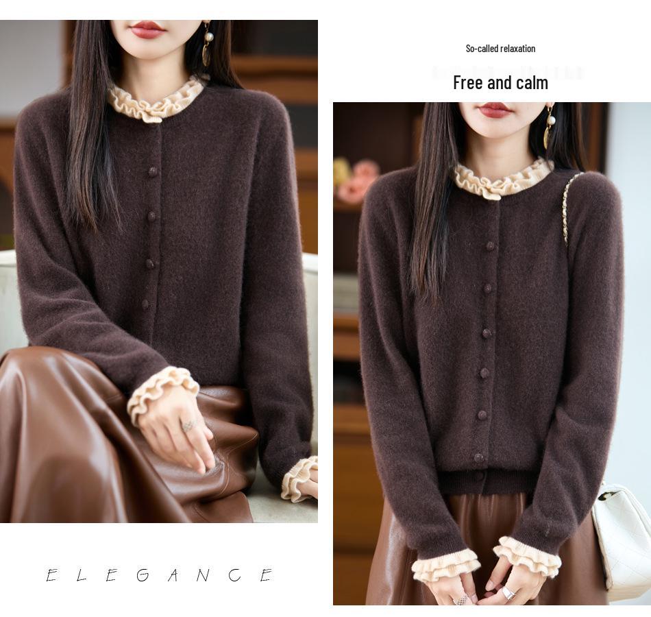 Women's Stylish Color Block Lace Knit Cardigan Sweater with Wood Ear Details and Button Closure for Fall and Winter