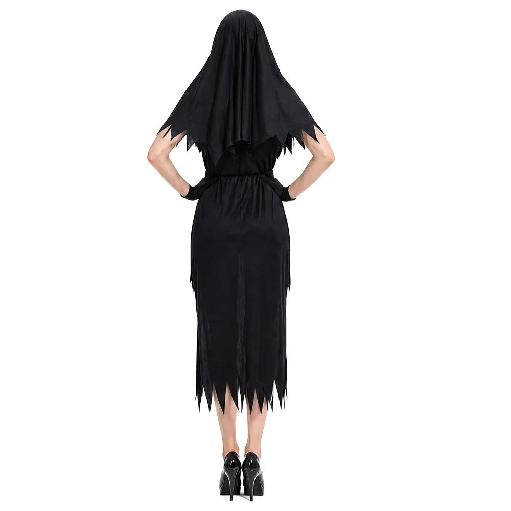 Halloween Adult Nun Dress Set with Headscarf, Retro Nun Cosplay Costume, Makeup, Dance Party, Stage Performance Costume