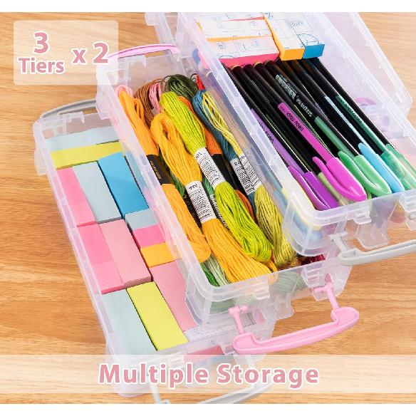 Clear Plastic Pencil Box, 2 x 3 Tier Stackable Table Pen Box, Home Storage Container with Handle, Storage B with Lids, Pencil Case Stationery