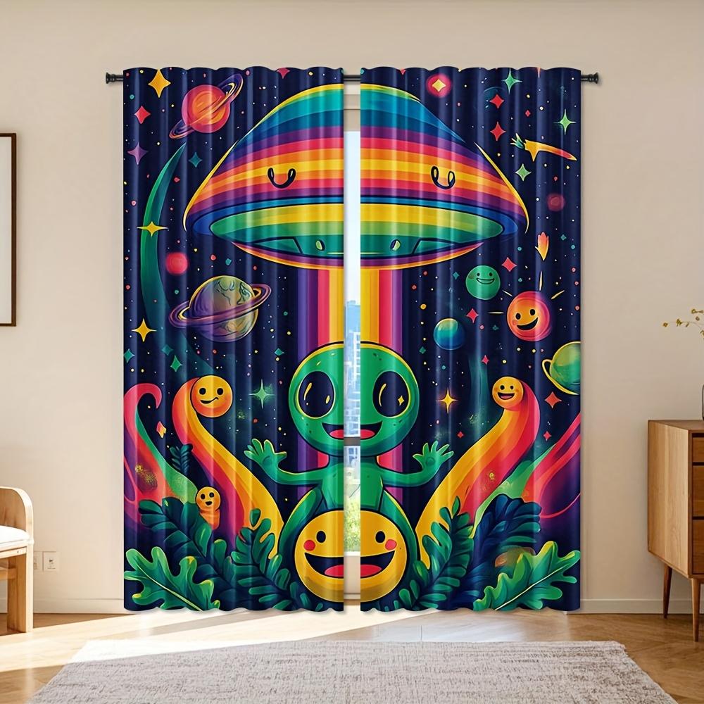 

Artistic Ufo Space Theme Curtains Design Polyester Vibrant Cartoon Semi Sheer Set Of 2 Made With Rod Pocket Machine Washable W100*H70(CM)-Rod Pocket&1PCS