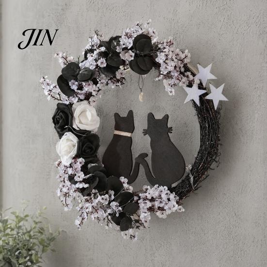 Spooky Cat And Moon Garland Halloween Floral Garland, with String Lights, Black Silhouette Maple Leaf Wreath, for Front Door Indoor Outdoor Wall Decor