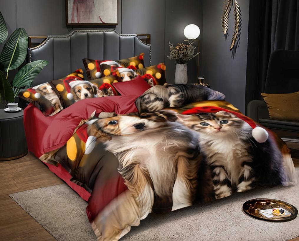Christmas bedding 3D realistic pattern 160x200 + 2 pillowcases, cat, dog