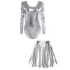 Womens Shiny Metallic Party Outfit Long Sleeve Round Neck Leotard with Flare Skirt