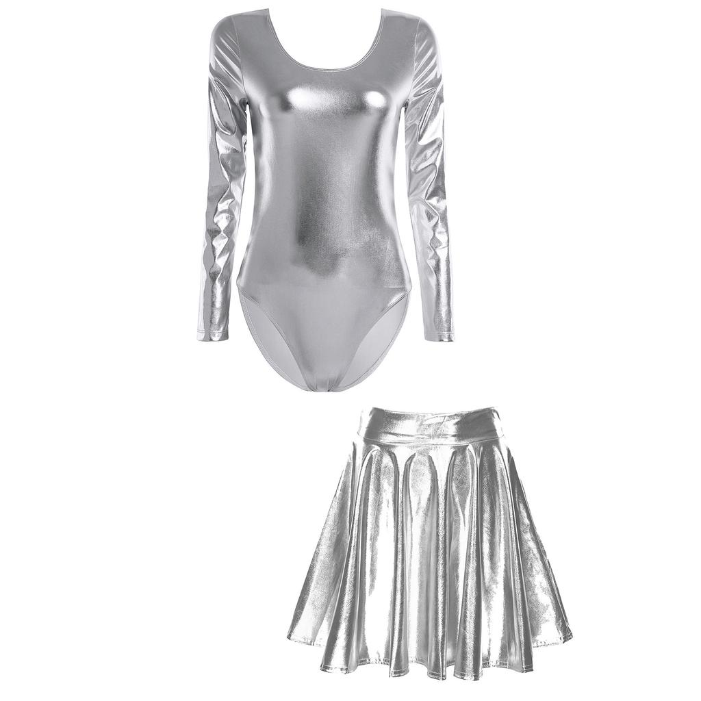 Womens Shiny Metallic Party Outfit Long Sleeve Round Neck Leotard with Flare Skirt