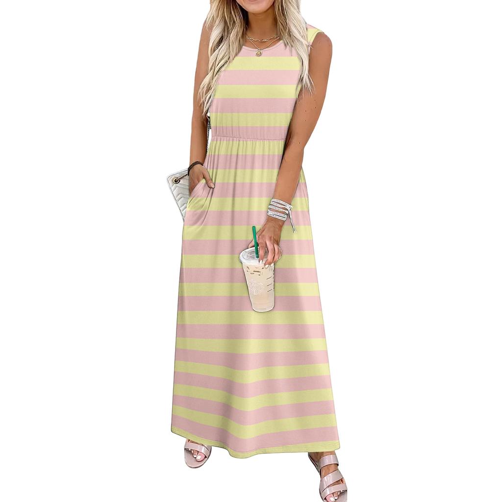 Ladies' striped printed casual and fashionable waist cinched sleeveless dress