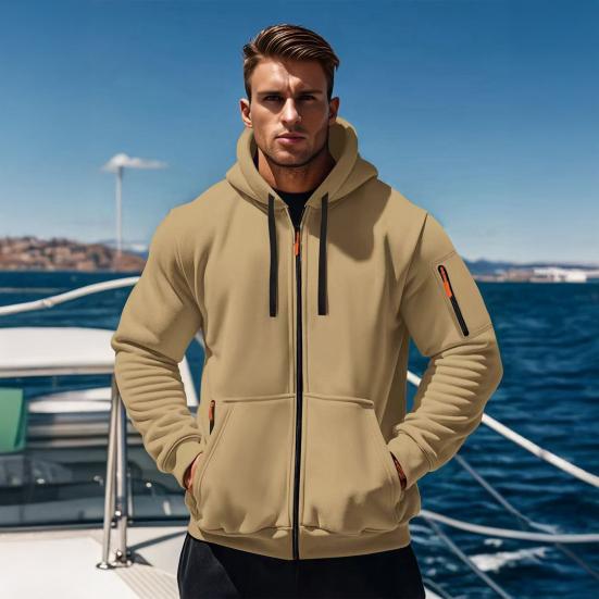Men Coat Long Sleeve Zipper Closure Hooded Sweatshirt with Large Pockets Solid Color Velvet Thickened Warm Outerwear