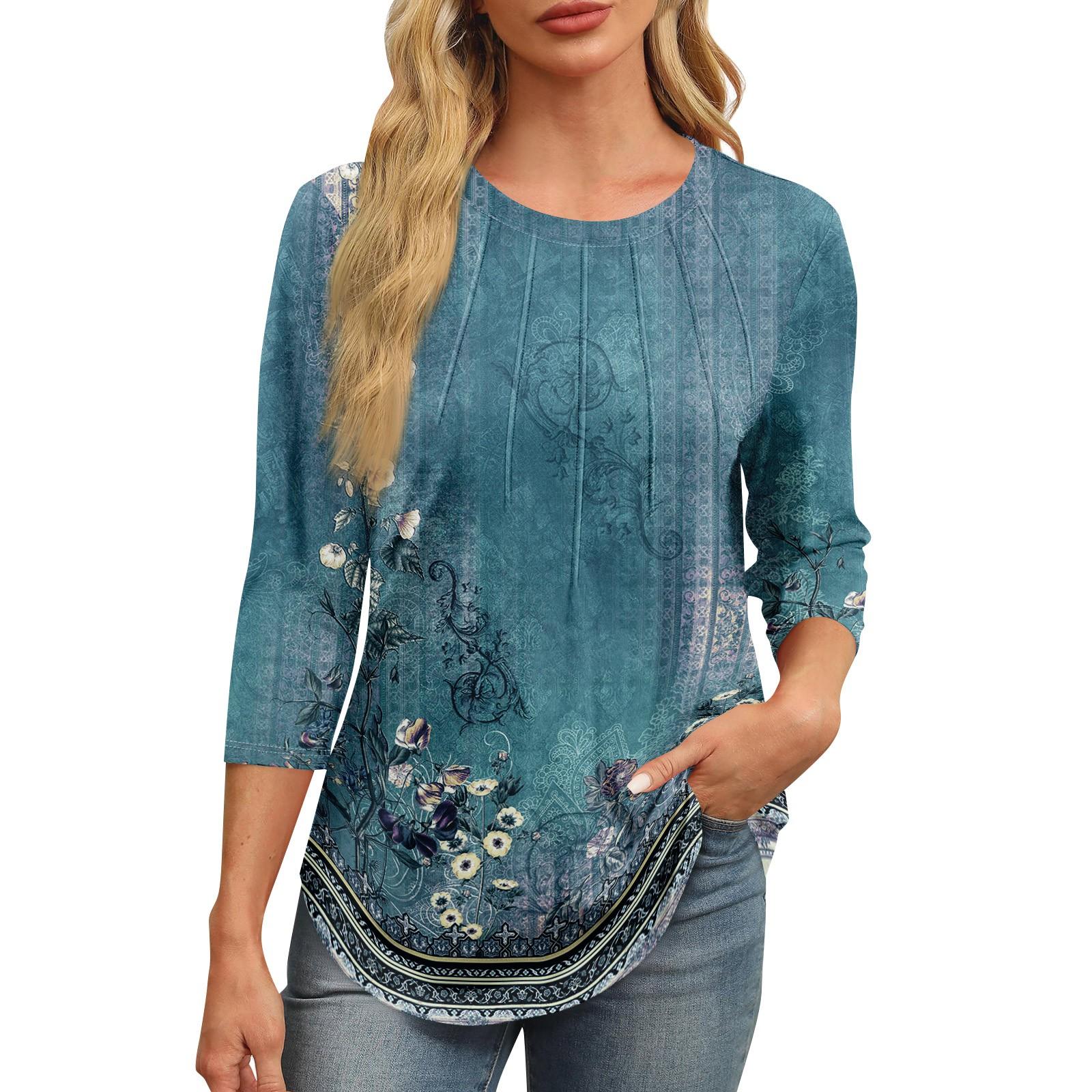 

Женская модная футболка с круглым вырезом и рукавом 3/4 с принтом, повседневная, базовая, плиссированная, пуловер L синий