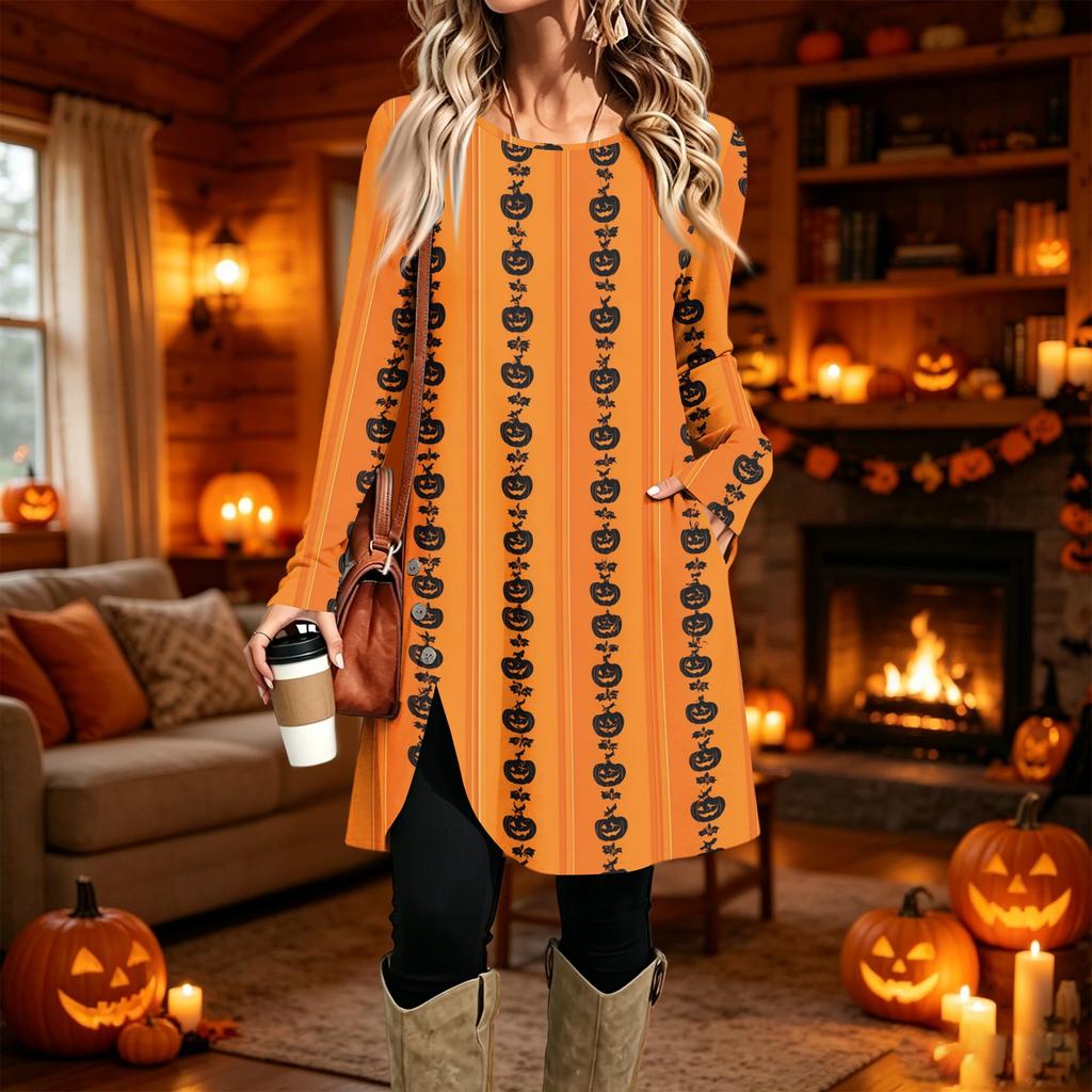 Damen Freizeitkleid mit Print, Langarm, Rundhalsausschnitt für den Alltag