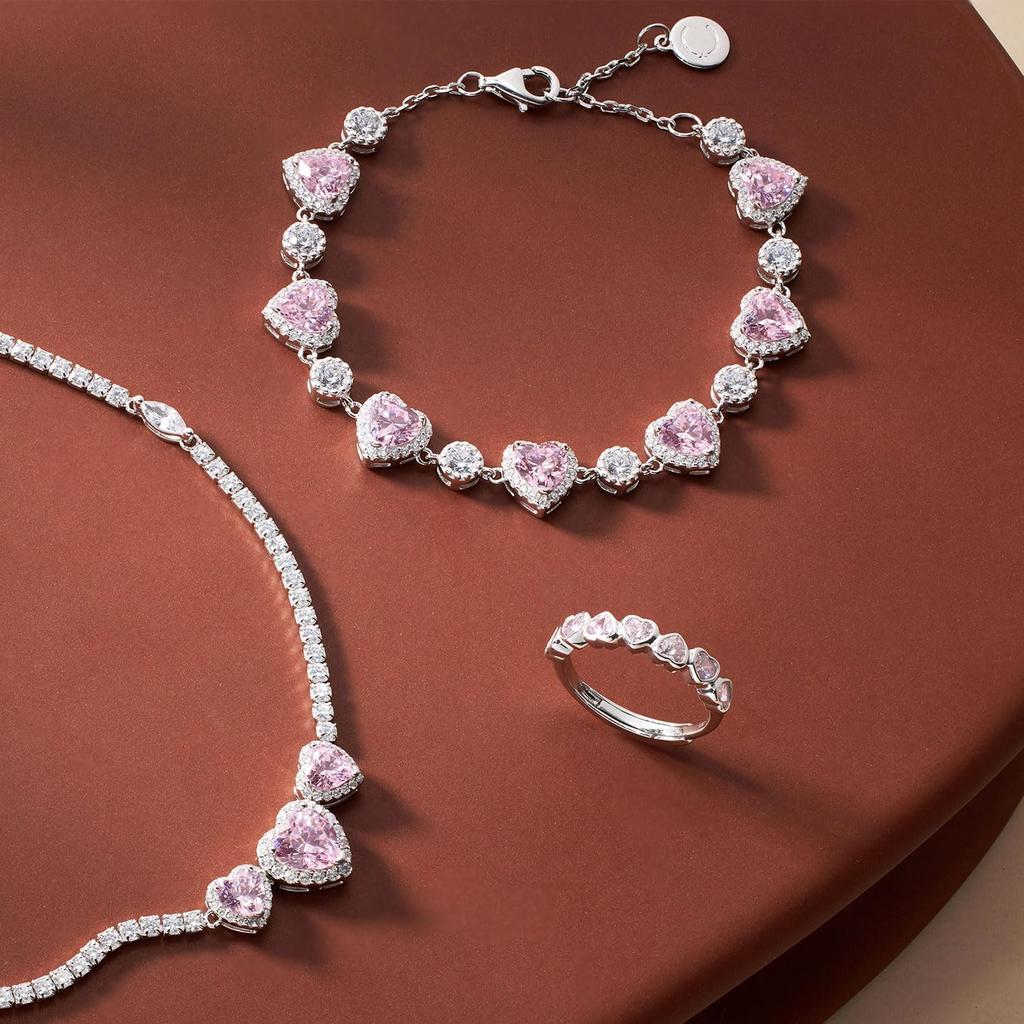 Tennisarmband mit Herzmotiv, Tennisarmreifen, rund, Zirkonia, Silber, Modeschmuck, Ausgehen, Weihnachten, Jahrestag, Geburtstagsgeschenk