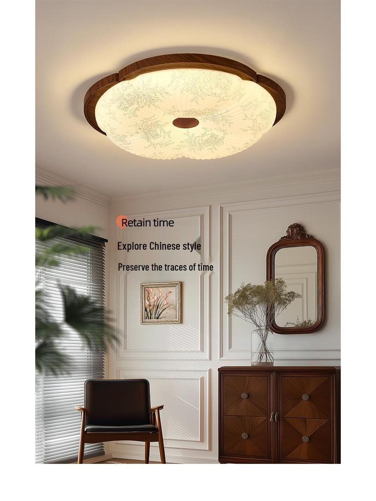 Chinese Style Walnut Wood Grain Ceiling Light for Study or Master Bedroom, Retro Wabi-Sabi Design, Eye Protection