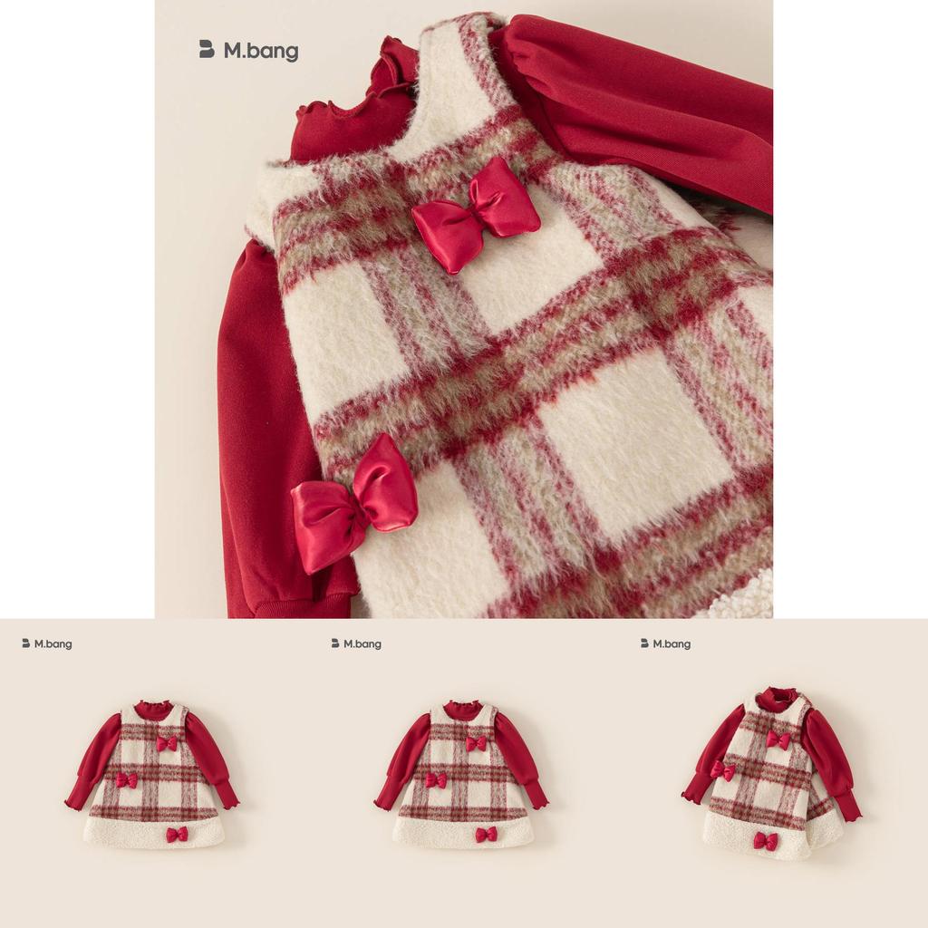 Red Top Bowknot Checkered Vest Skirt Christmas Set Children Autumn Clothing For Ages 3 To 8