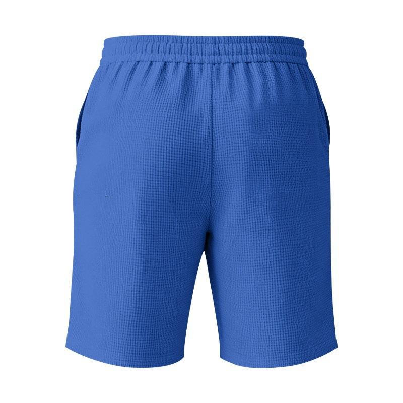 Men Casual Waffle Drawstring Elastic Waist Loose Beach Knee Length Shorts