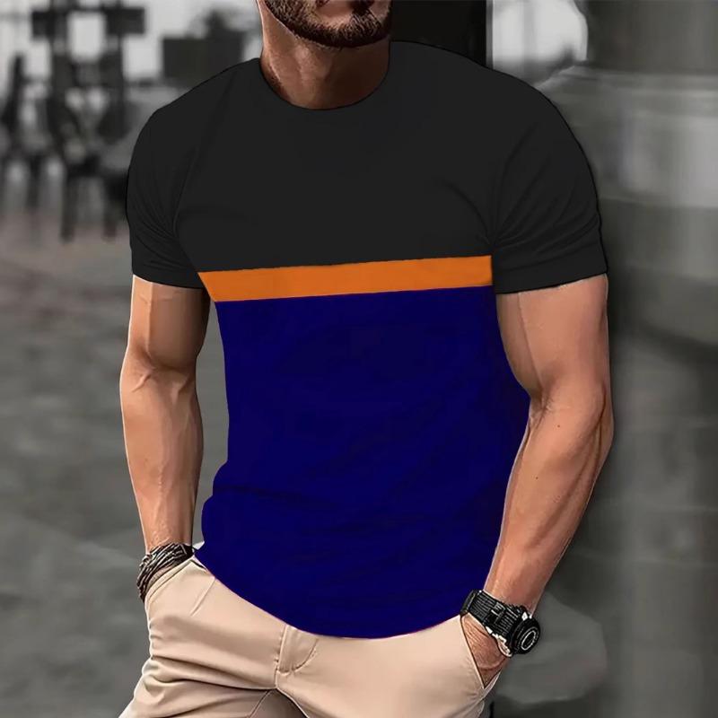Men's Tri Color Splicing Design Short Sleeved T-shirt with Orange Stripe Round Neck TEE Shirt