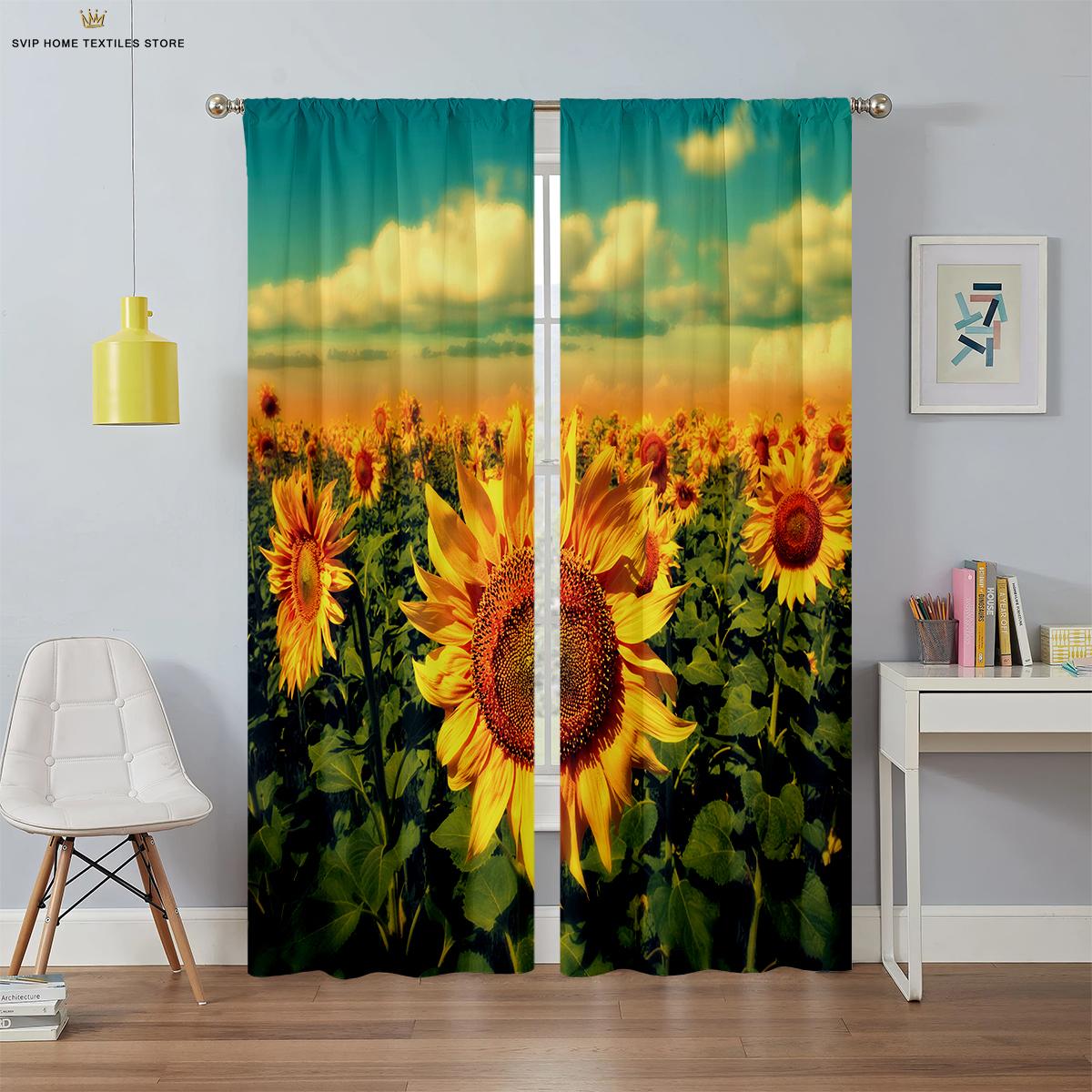 

Polyester Blend Fiber Curtain featuring Pocket, Sunflower Flower, 3D Printed Curtain, Sleeping Room, Living Room, Food,Prep Area Outdoor Ornamental W50X130H(CM)X2PCS&Rod pocket