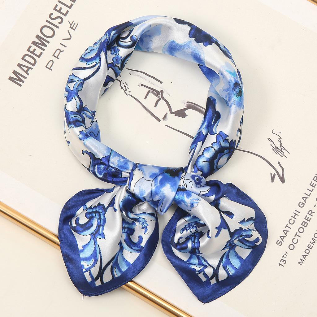 Satin Silk Square Scarf Hijabs Blue And White Blendent Printed Muslim Hijab Bandana Soft Head Scarf Female Headband