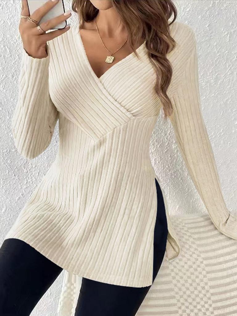 Plus Size Women's Fall New Long Sleeve Solid V-Neck Casual Home Top