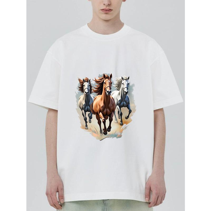 Men's T-Shirt Black Three Horses Running Print Casual Wear For Everyday Outfits And Outdoor Activities