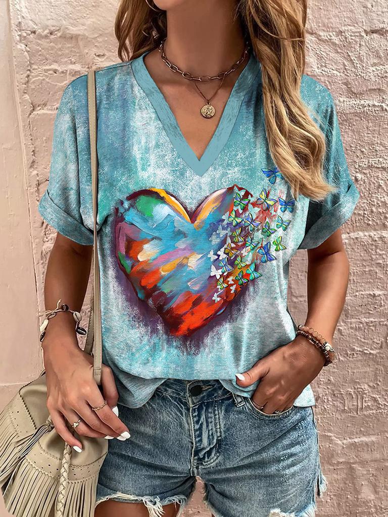 2025 New Summer Women's V-Neck T-Shirt Outdoor Casual Short Sleeve Tops Fashion Love Style Pattern OverSize Women's Clothing