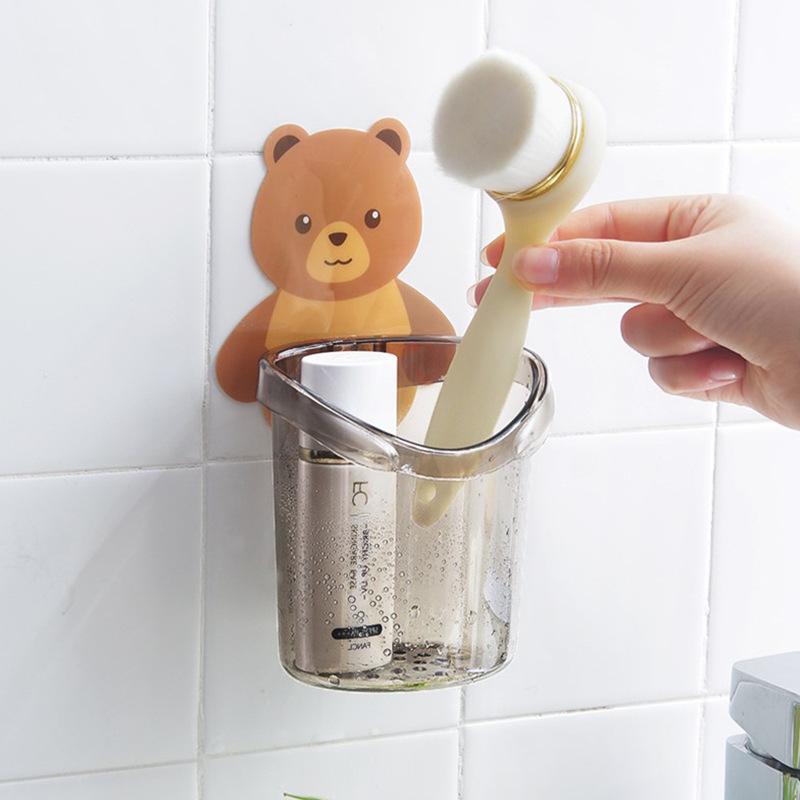 Household Bear Hug Toothbrush Cup Toothpaste Storage Rack Bathroom Non-Punching Wall-Mounted Drain Bear Storage Cup Organizer