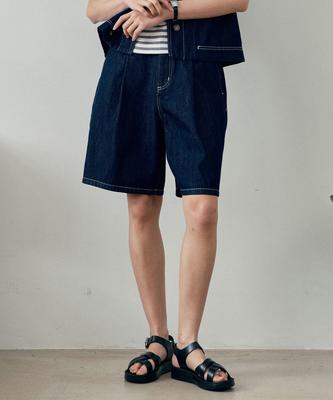 MIND BRIDGE WOMEN [W] One-Pleat Low Indigo Denim Shorts