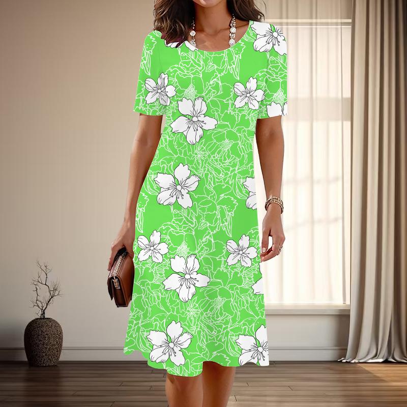 Women's Fashion Graceful Flower Print Summer Spring Short Sleeve O-Neck Casual Dresses
