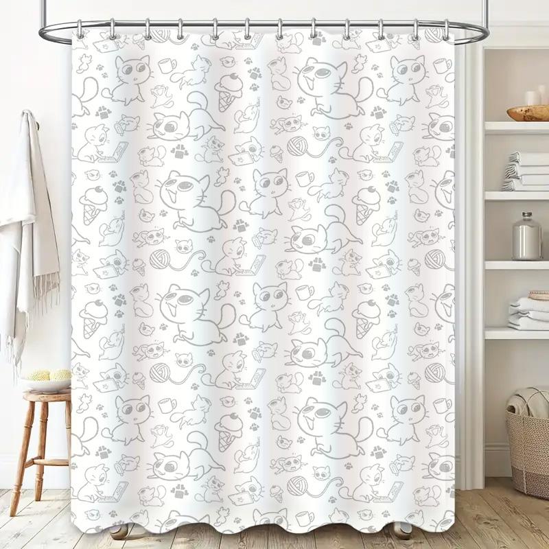 Adorable Cats Shower Curtain Modern Kitchen Decorative Hanging Waterproof Fabric Bathroom Decor White Color With Various Cat Pat