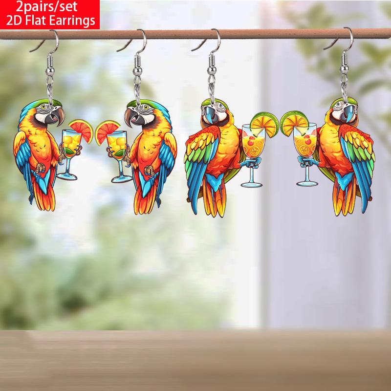Cute Parrot Lemon Drink Acrylic Earrings for Women Chic Fashion Earrings Animal Earrings Female Versatile Earrings Holiday Gifts for Best Friends