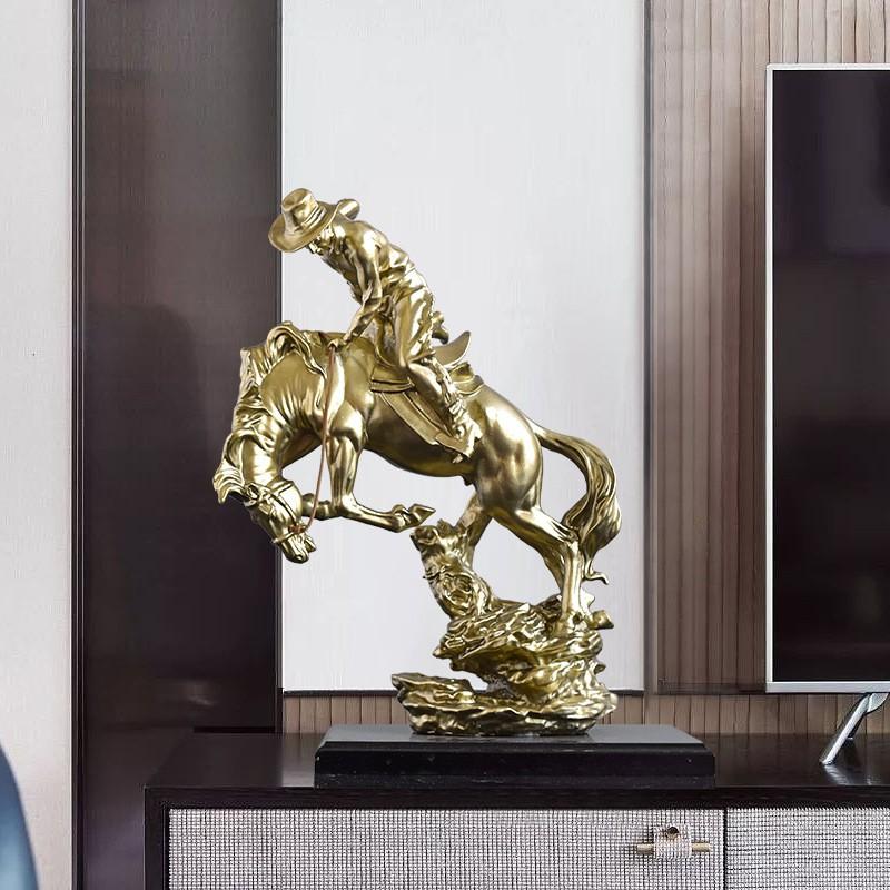 Resin Western Cowboy On Horse Statue Decorative Sculpture Office Living Room Home Gift