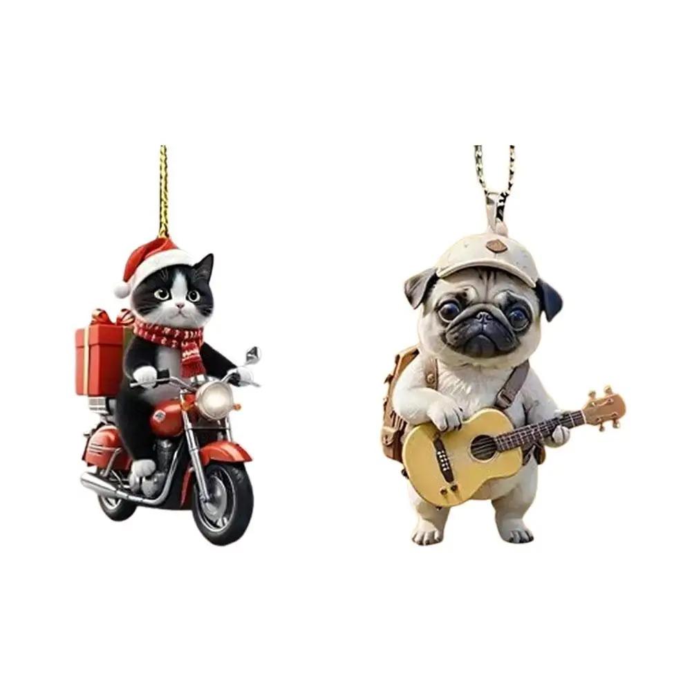 Motorcycle Cat Acrylic Hanging Decoration Christmas Tree Car 2D Flat Riding Kitten Hanging Ornament Cartoon Pendant For Christma 7