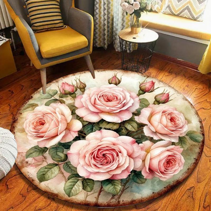 Romantic Rose Pattern Round Carpet Retro Elegance Holiday Home Decor Area Rug Soft Non-slip Floor Decor Mat for Living Room