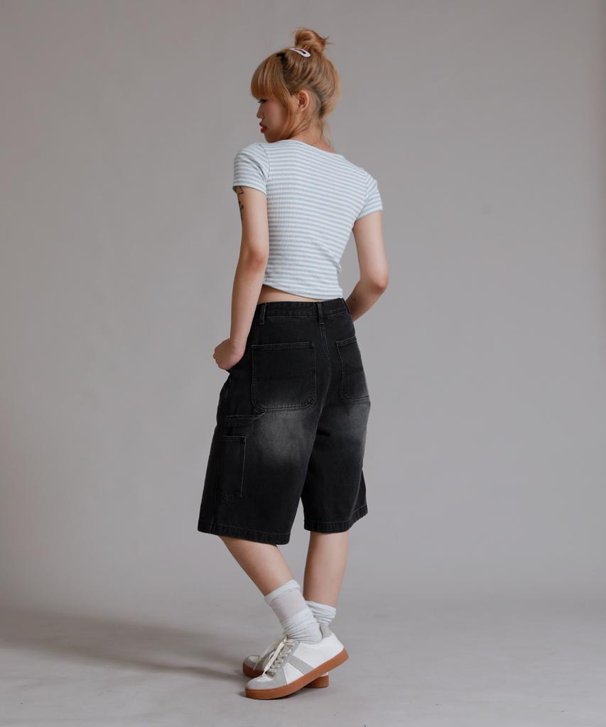 LIKE THE MOST Striped Square Neck Half T-Shirt_Sky Blue