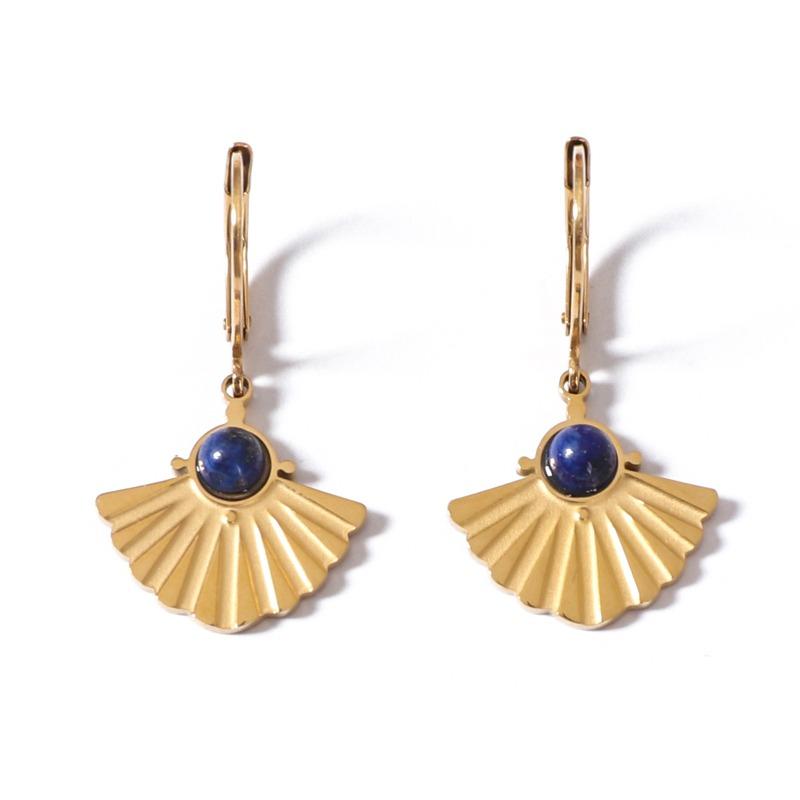 French Retro Fan-shaped Fishtail Earrings for Women Inlaid with Natural Stone Stainless Steel Electroplated Thick Earrings