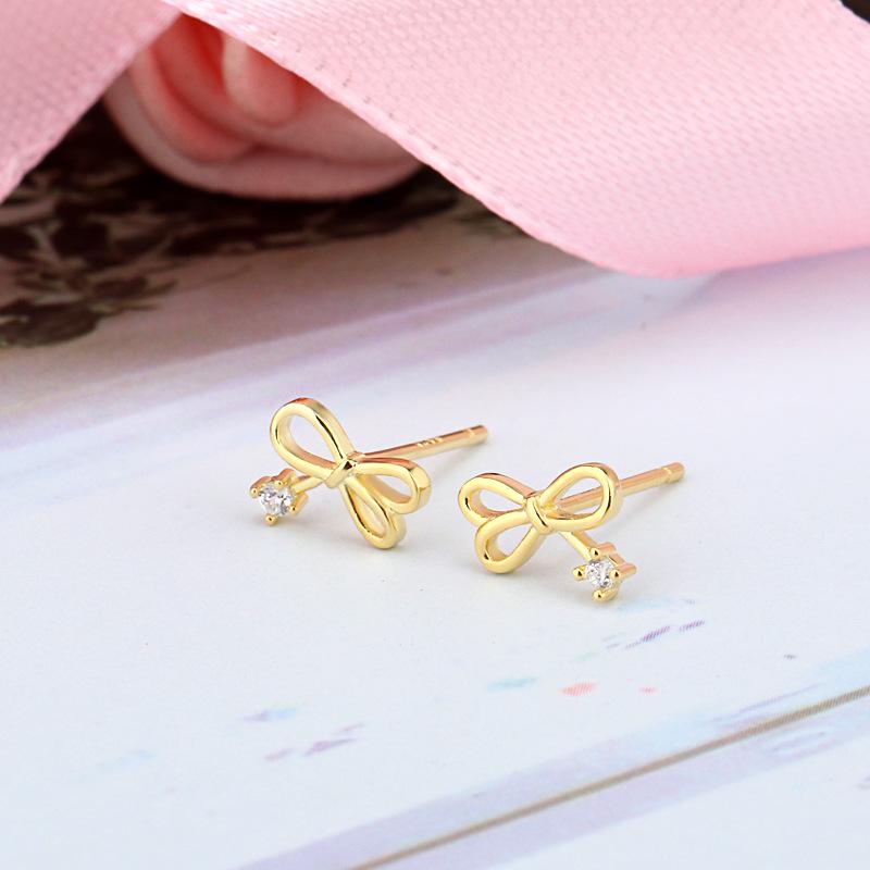 Beixi Silverware S925 Sterling Silver Gold Bowknot Stud Earrings - Simple, Sweet, and Small