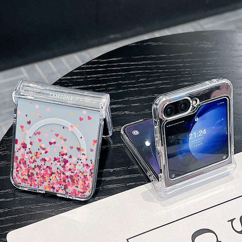 3PCS Foldable Shockproof Case for Samsung Z Flip6 Flip5 Flip4 for Magsafe Magnetic Colorful Love Hearts Pattern Clear Hard Pc Slim Case Cover